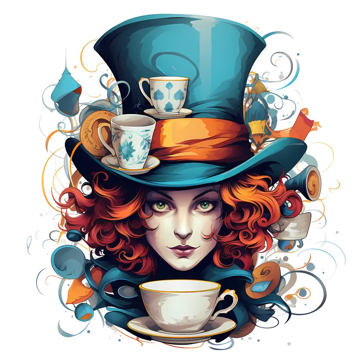 Mad Hatter with Teacups and Swirls