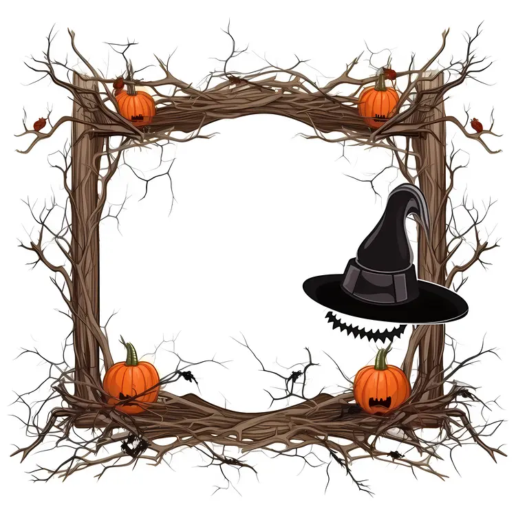 Halloween Frame with Witch Hat and Pumpkins