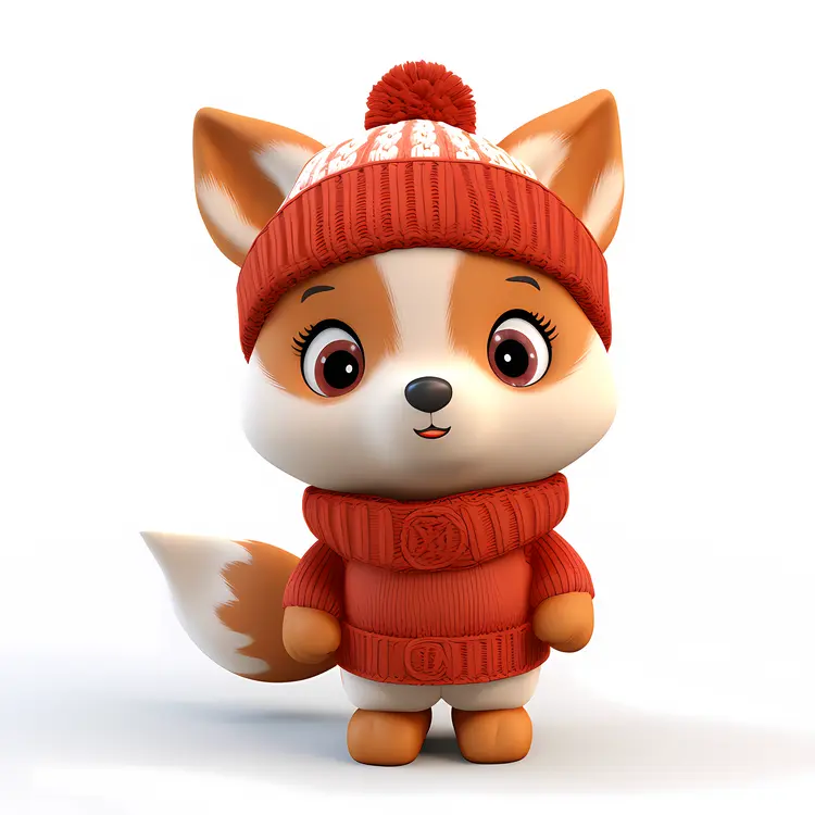 Cute Fox in Red Sweater and Hat