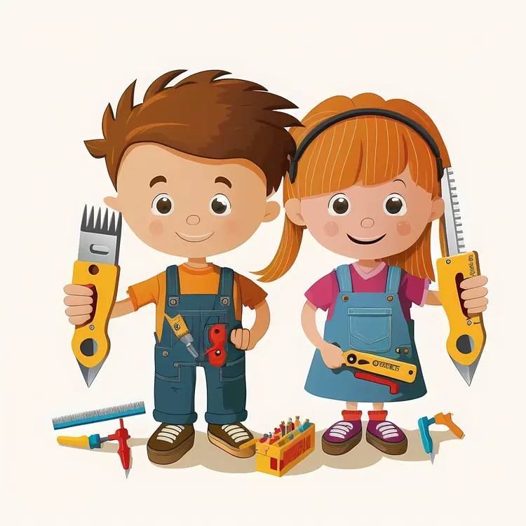 Cartoon Children Holding Tools