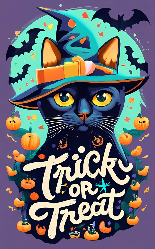 Black Cat in Witch Hat with Trick or Treat Sign