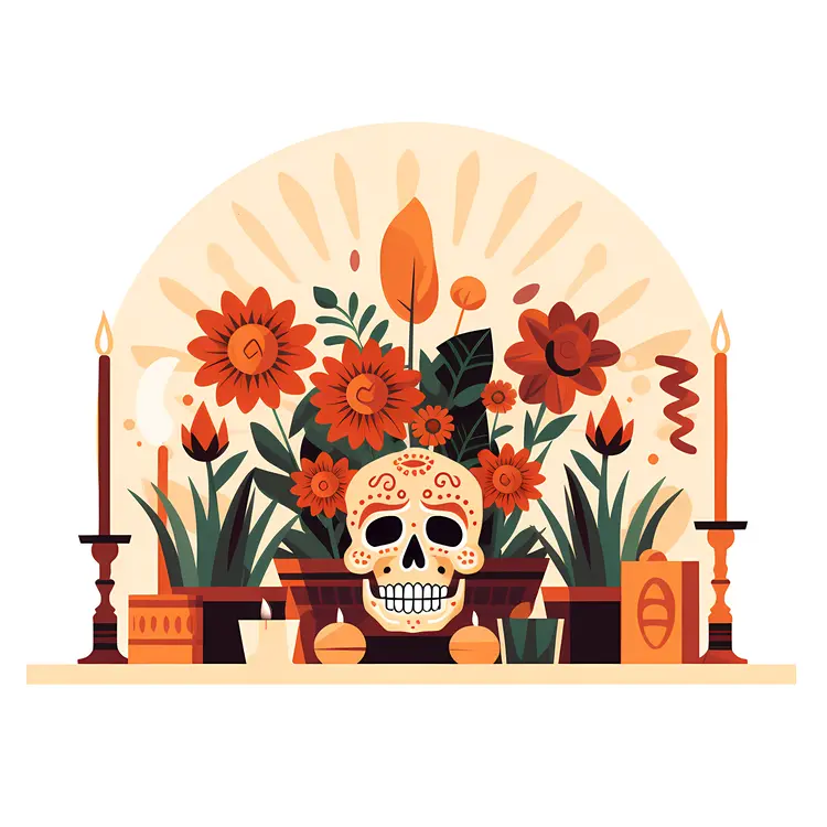 Simple Skull with Flowers and Candles for Day of the Dead