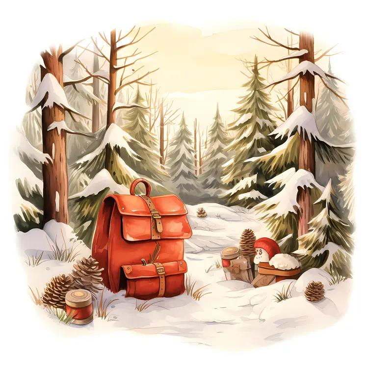 Red Backpack in Snowy Forest