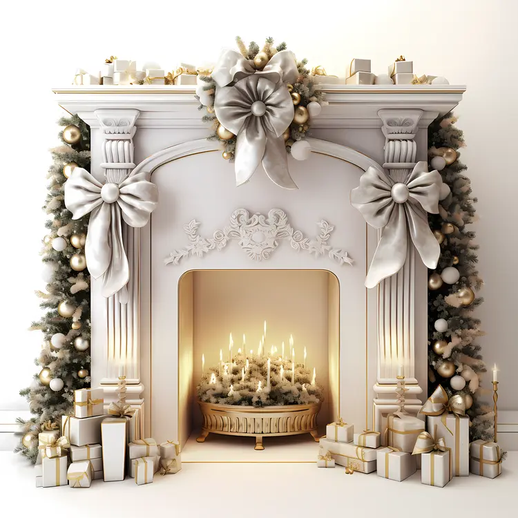 Elegant White Fireplace with Candles and Bows