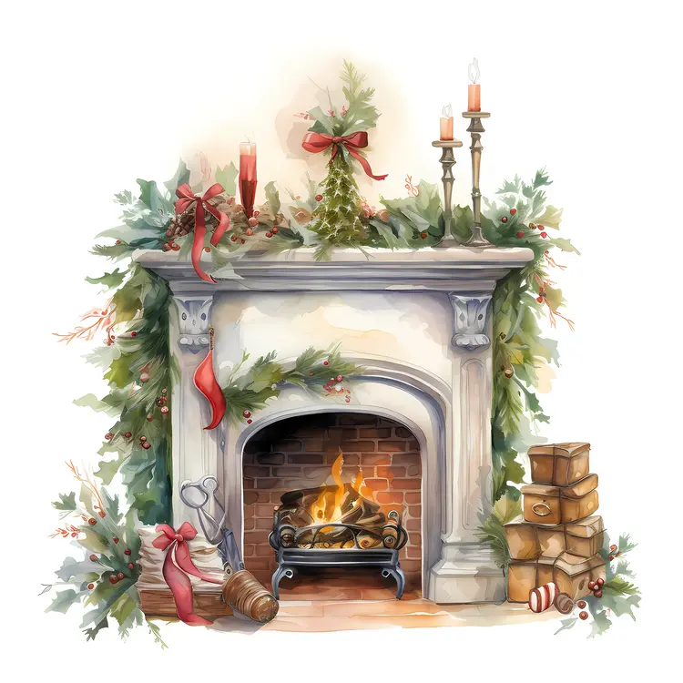 Christmas Fireplace with Candles and Gifts