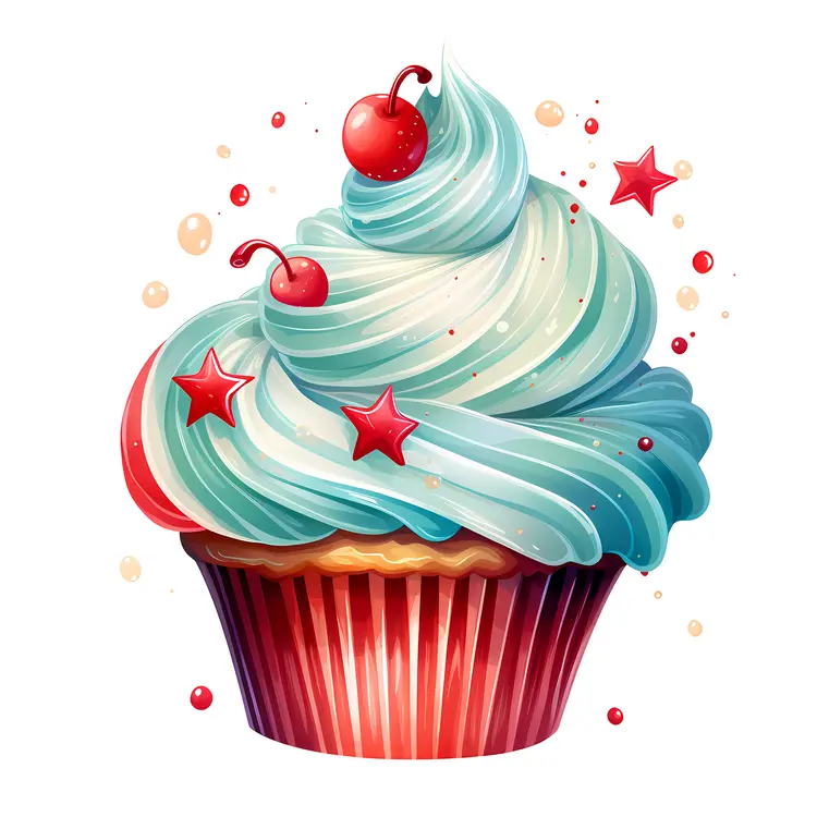 Christmas Cupcake with Blue Frosting and Red Stars