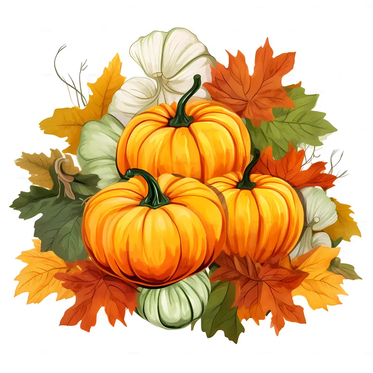 Beautiful Pumpkins with Autumn Leaves for Fall Season