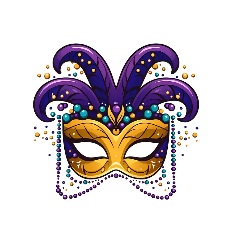 Gold and Purple Mask with Beads for Mardi Gras
