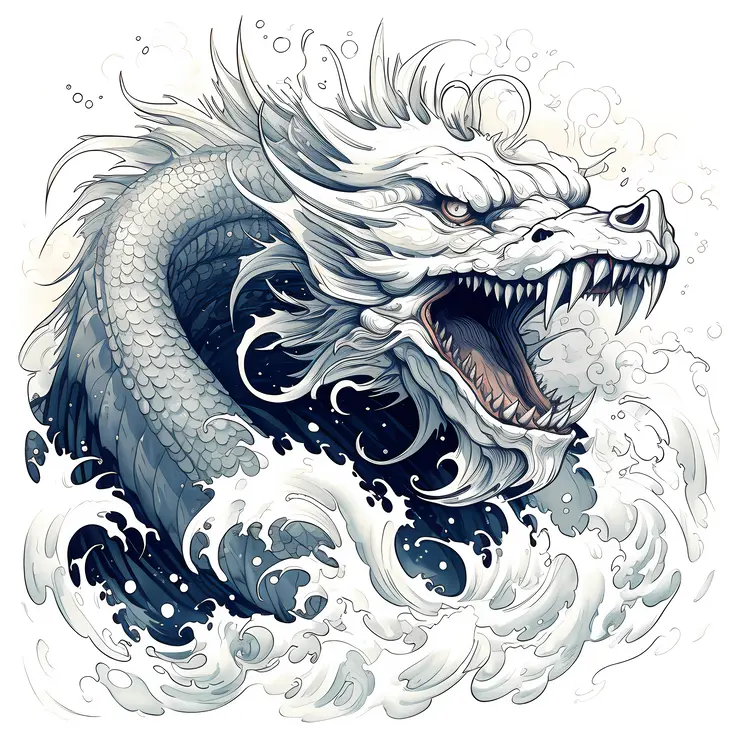 Fierce White Dragon in Ocean Waves