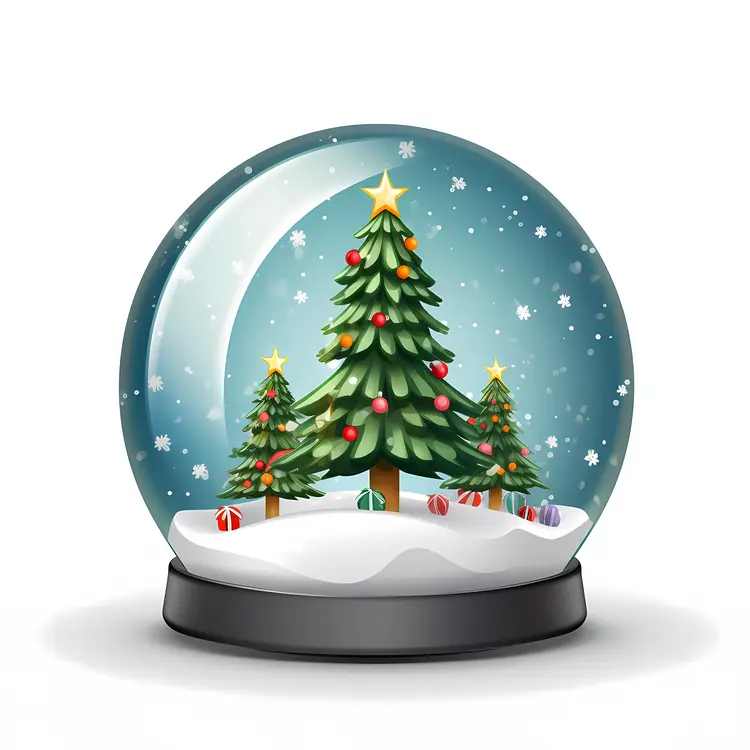 Three Christmas Trees in Snow Globe with Black Base