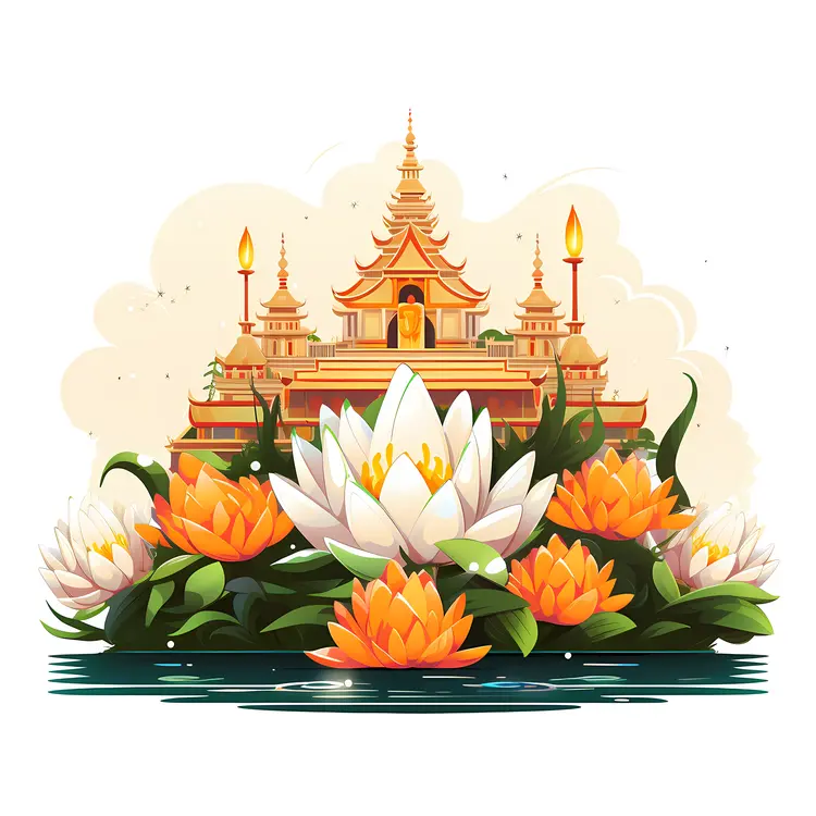 Temple Surrounded by Lotus Flowers and Candles
