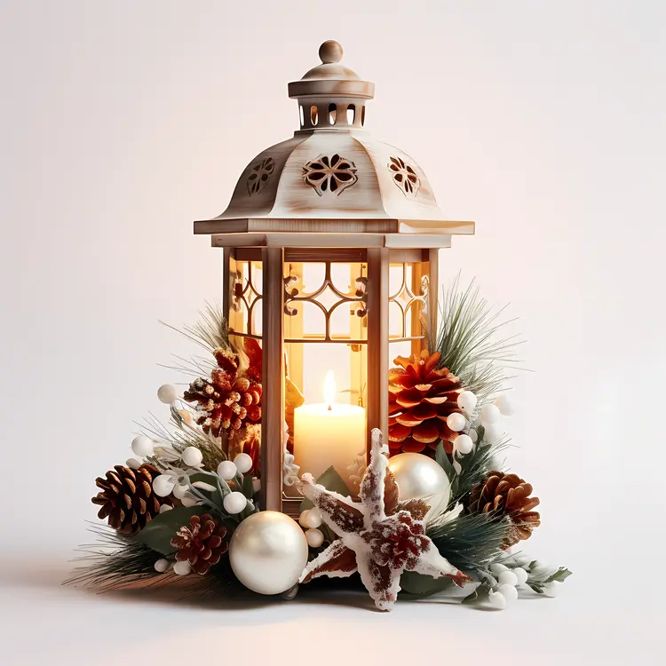 Festive Lantern with Candle and Pinecones