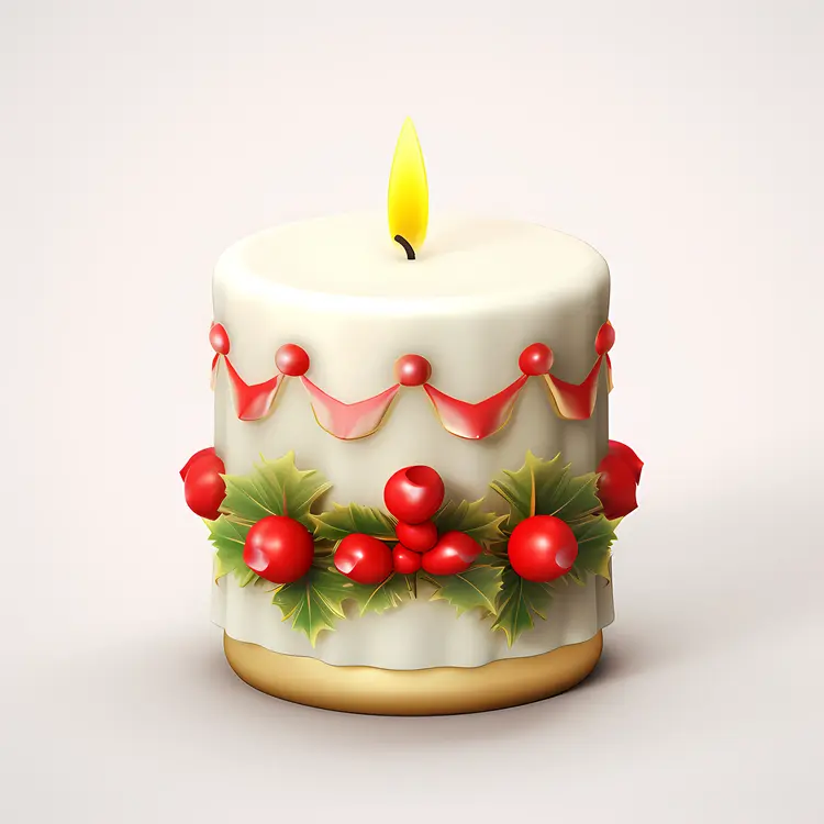 White Candle with Holly and Red Berries