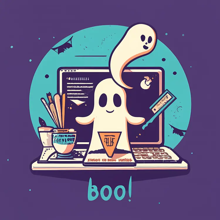 Ghost with Boo Sign on Laptop