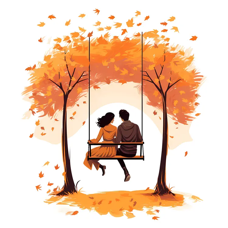 Couple on Swing between Autumn Trees