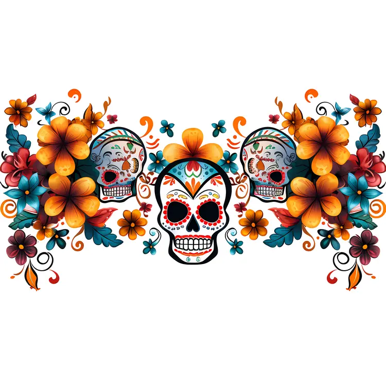 Colorful Decorative Skulls and Flowers Illustration