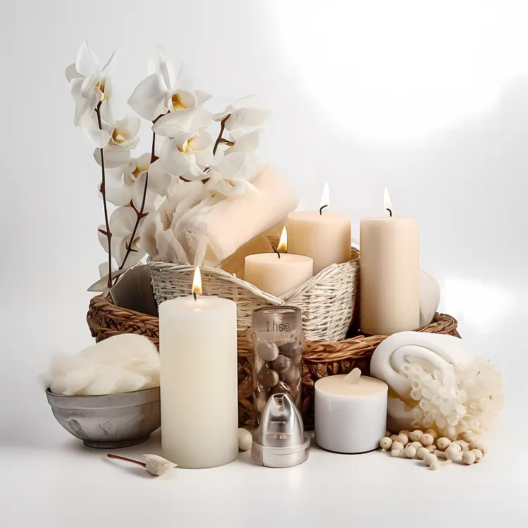 White Candles with Flowers in a Basket