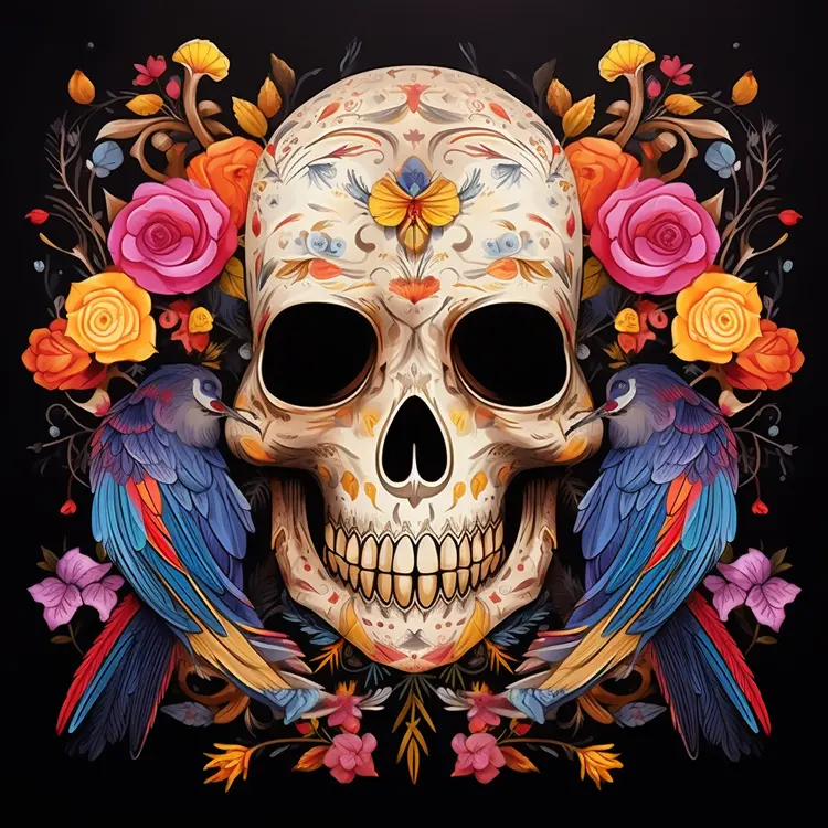 Colorful Skull with Flowers and Birds for Day of the Dead