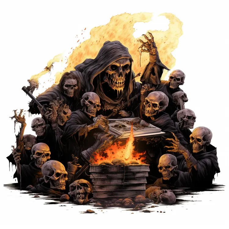 Skeletons and Grim Reaper with Burning Books