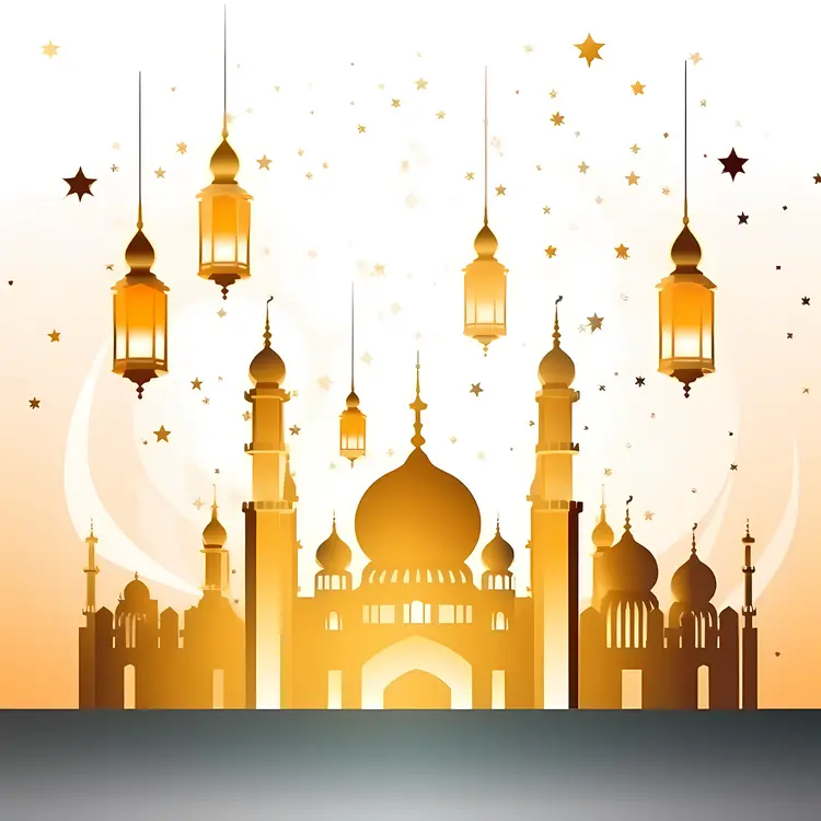 Golden Mosque with Hanging Lanterns and Stars
