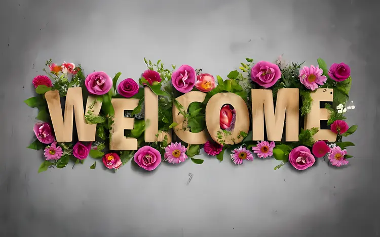 Wooden Welcome Sign with Pink Flowers
