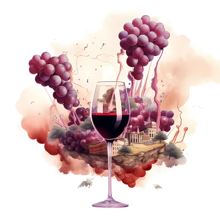 Wine Glass and Grapes with Buildings in Artistic Style