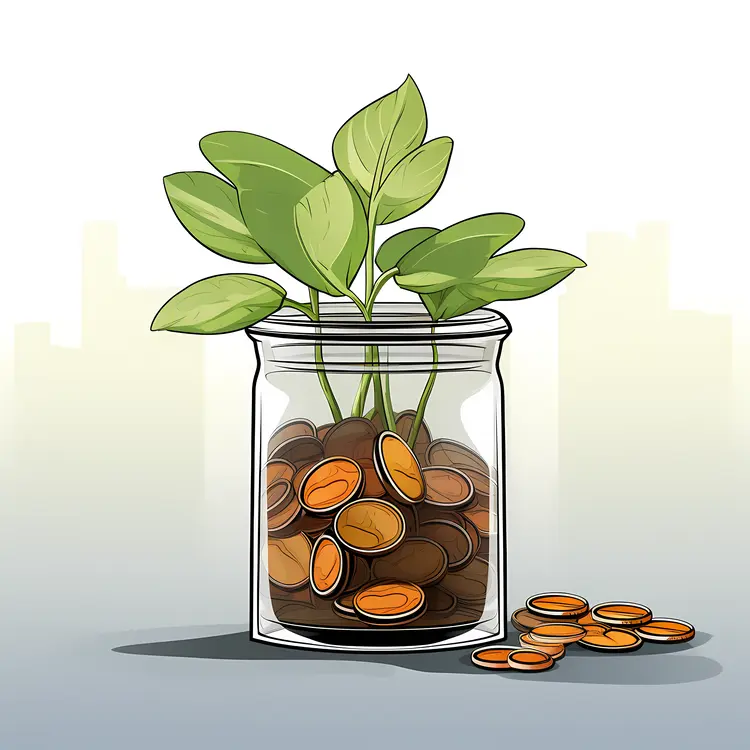 Jar of Coins with Growing Plant Symbolizing Investment