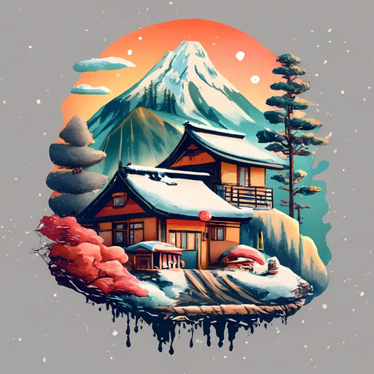 Snowy Japanese House with Mountain Background