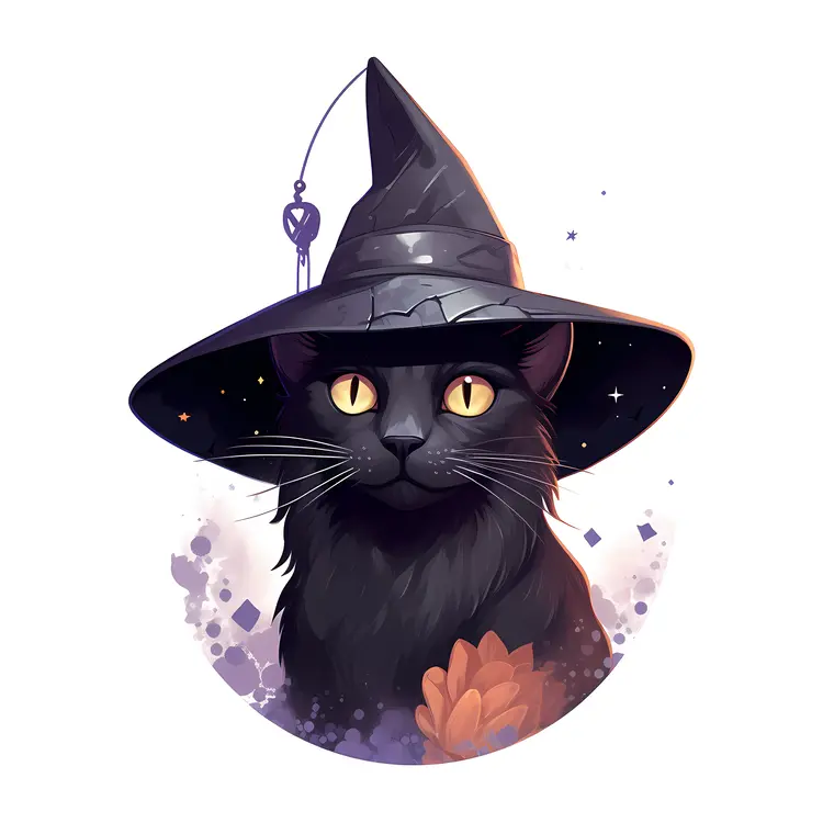 Black Cat with Witch Hat in Halloween Setting