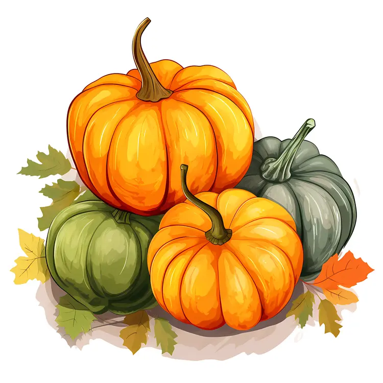 Three Pumpkins with Autumn Leaves