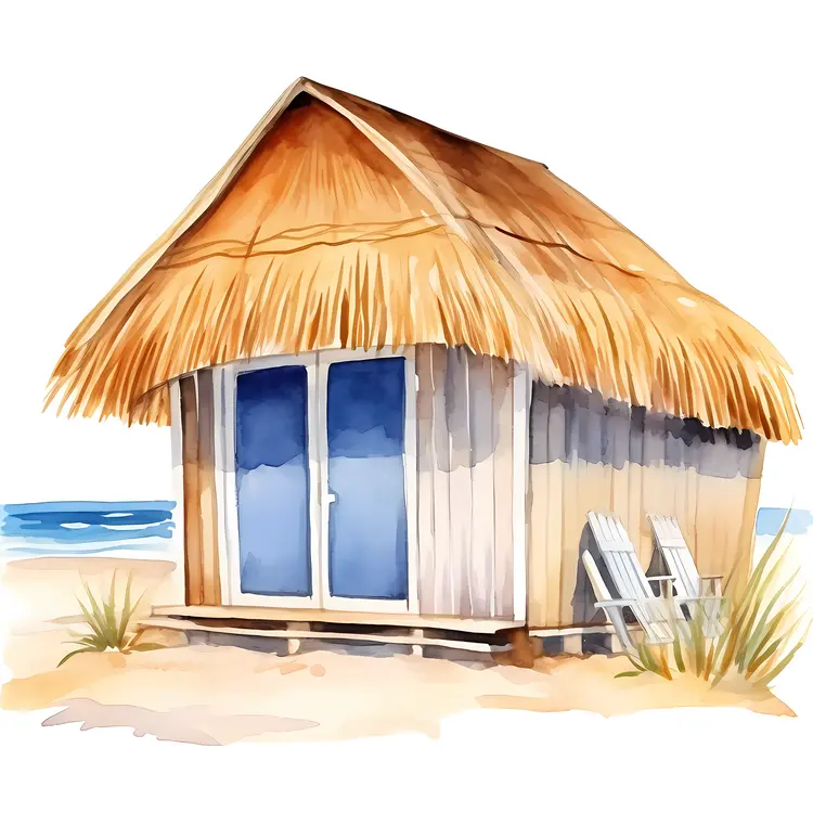 Small cute beach hut with thatched roof and chairs