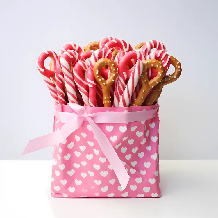Pretzels and Candy Canes in Heart Bag
