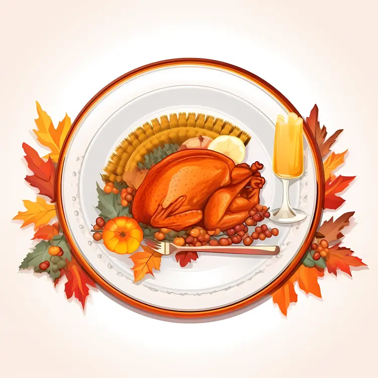 Roasted Turkey with Wine Glass and Autumn Leaves for Thanksgiving
