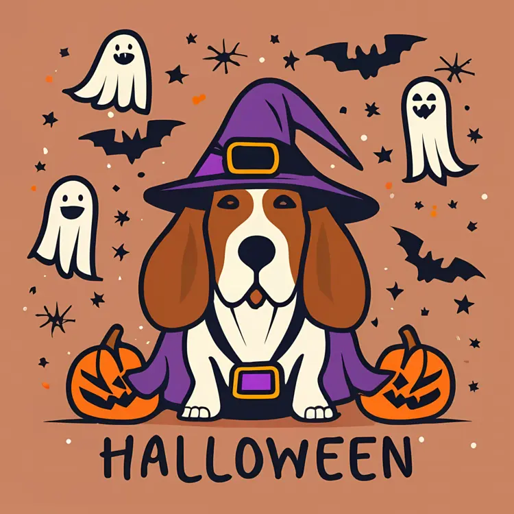 Dog in Witch Costume with Pumpkins and Ghosts