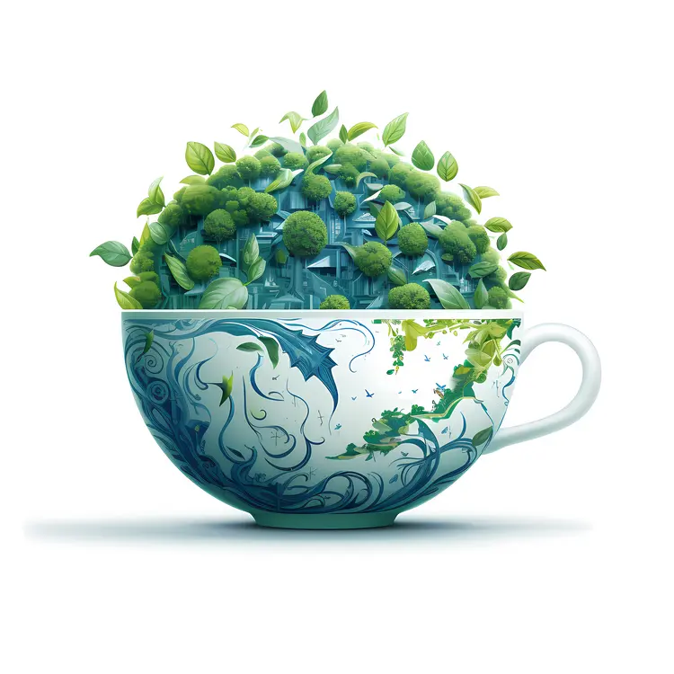 Blue Tea Cup with Leaves and Greenery