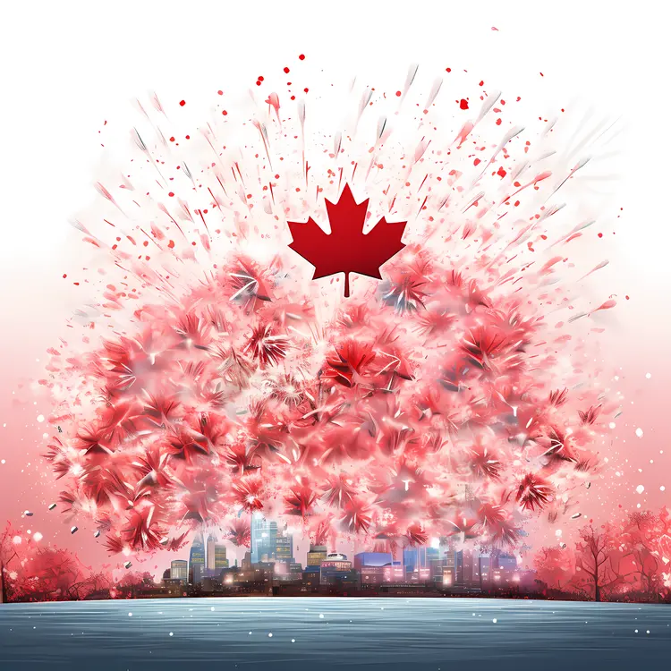 Maple Leaf Fireworks Over Cityscape