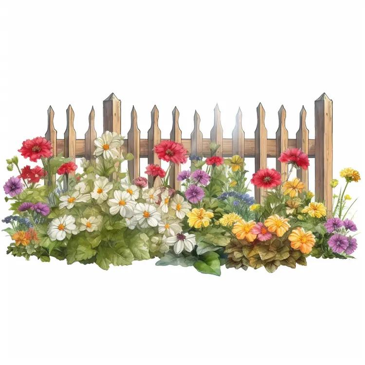 Colorful flowers in a garden with a wooden fence