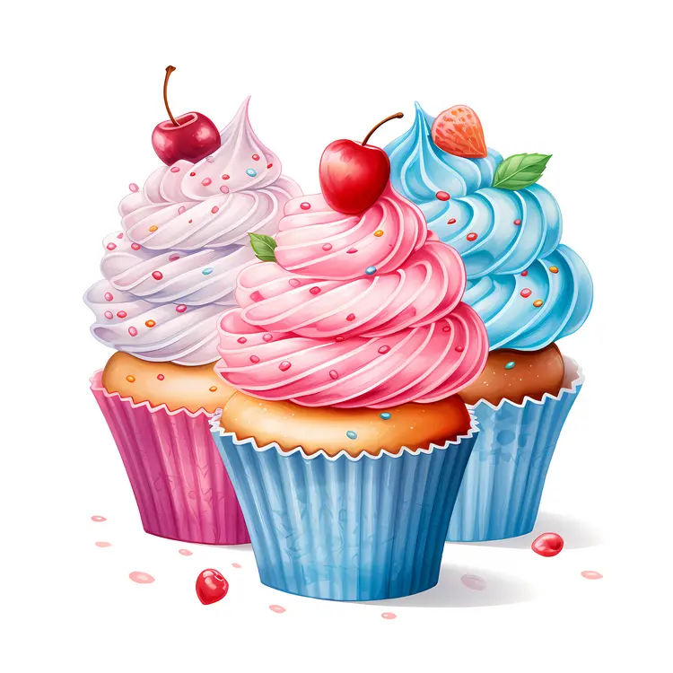 Colorful Cupcakes with Cherries and Strawberries