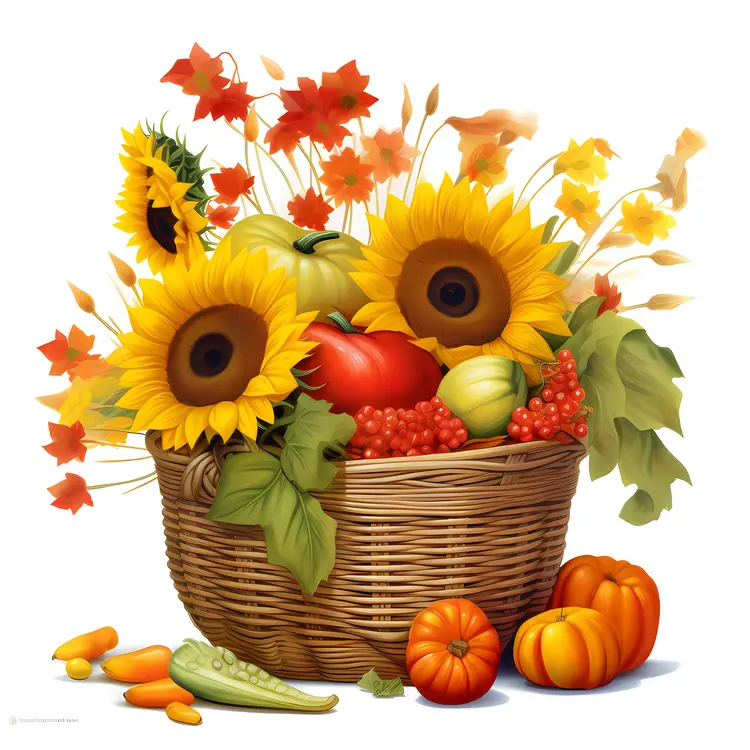 Autumn Basket with Sunflowers and Pumpkins