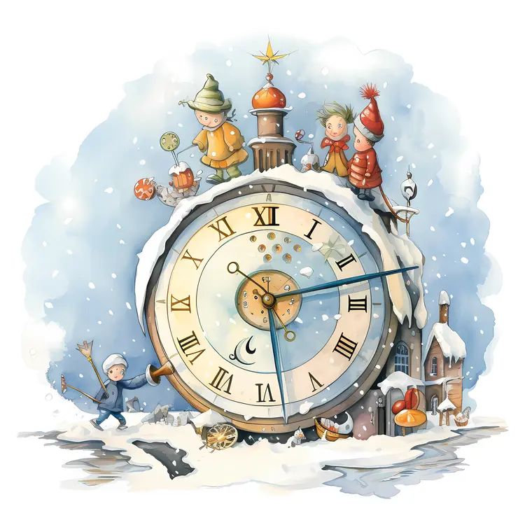 Winter Clock with Children and Snowy Scene
