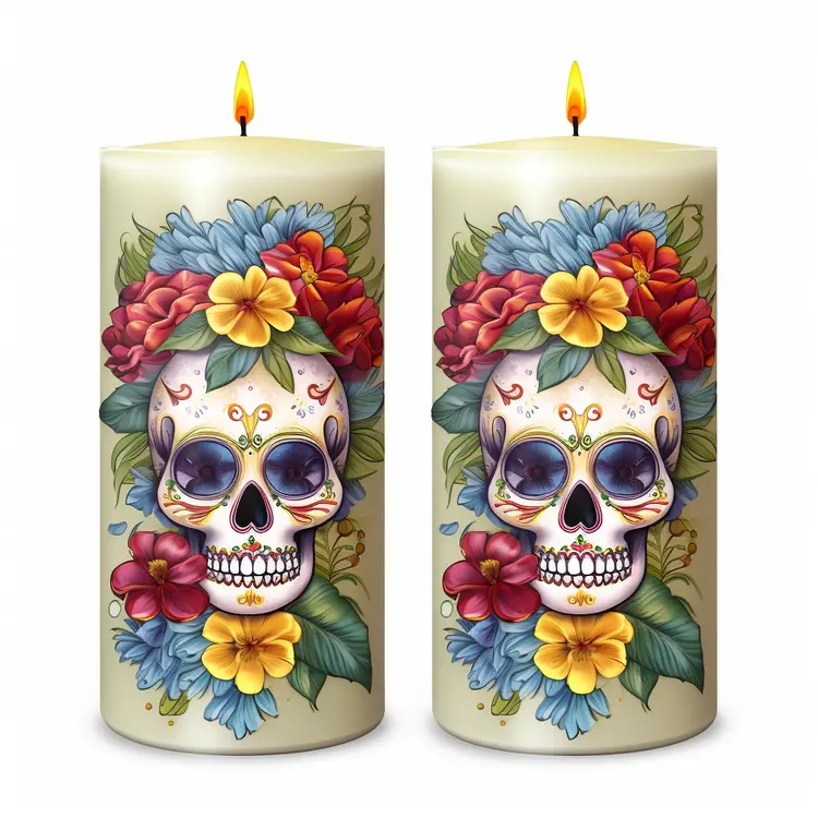 Decorative Day of the Dead Candles with Skull and Flowers Design
