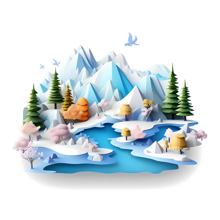 Winter Landscape with Mountains and Lake