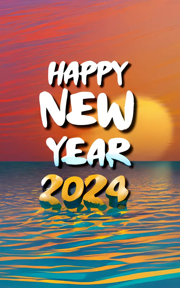 Happy New Year 2024 with Sunset over Ocean