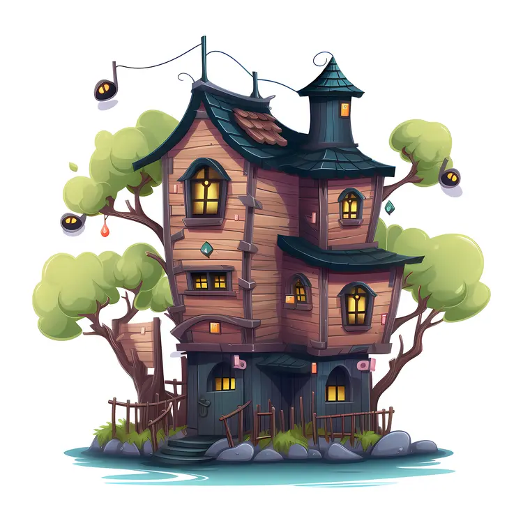 Whimsical Wooden House with Trees