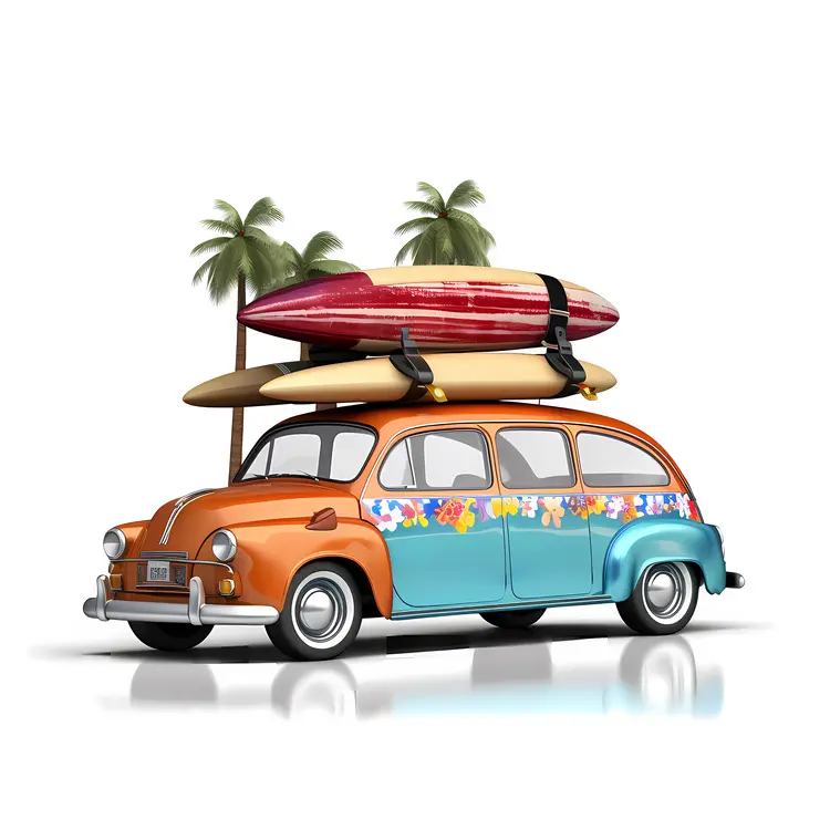 Vintage Car with Surfboards and Palm Trees