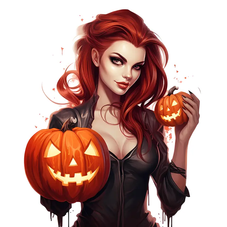 Red-Haired Woman Holding Two Pumpkins