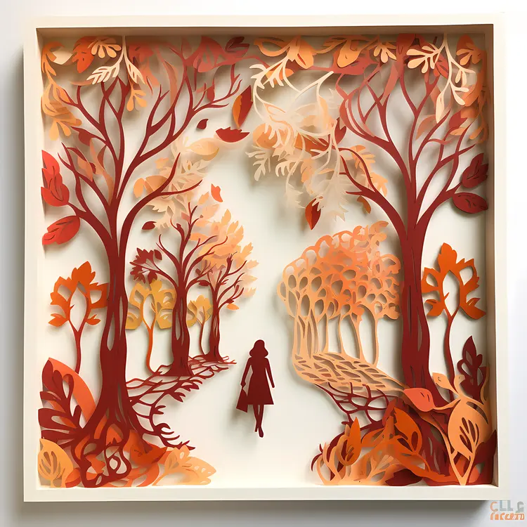 Paper Art of Girl Walking in Autumn