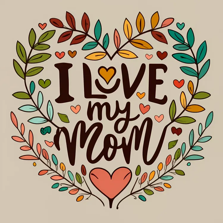 I Love My Mom Typography with Leaves and Hearts