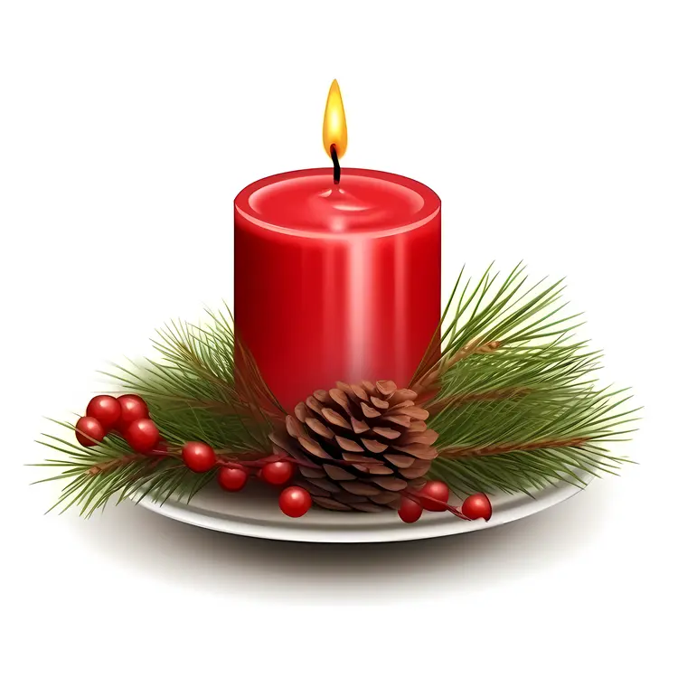 Red Candle with Pine Cone and Greenery