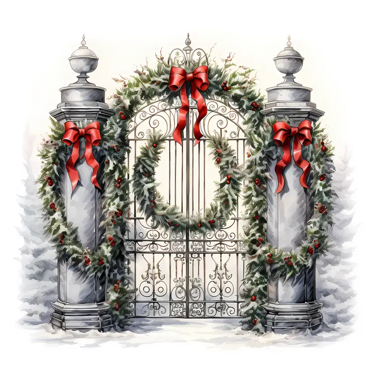 Decorated Gate with Wreath and Bow for Christmas